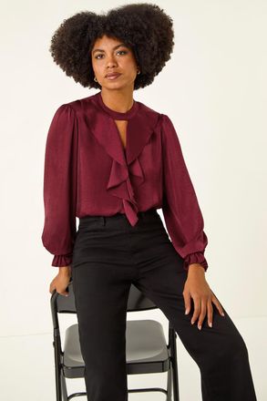 Roman Ruffle Front Keyhole Satin Top