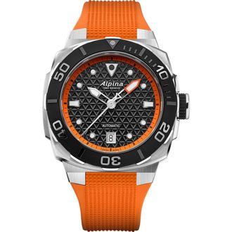 Alpina Seastrong Diver Extreme Orange Rubber Strap Automatic GMT Watch, 39mm x 40.5mm in Silver-Tone at Nordstrom