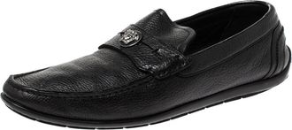Versace Black Leather Medusa Detail Slip On Loafers
