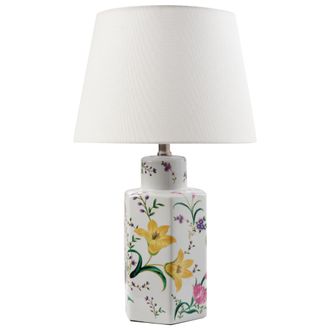 Beliani Beliani - L&aacute;mpara De Mesa Elegante Con Base De Porcelana Con Dise&ntilde;o Floral Pantalla De Campana De Lino Iluminaci&oacute;n Blanco Cavado