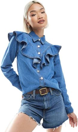 Miss Selfridge chambray western ruffle jacket in mid wash-Blue