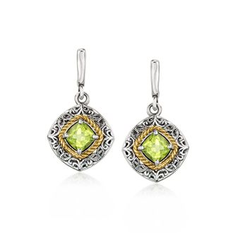 Ross-Simons Peridot Drop Earrings in Sterling Silver and 14kt Yellow Gold