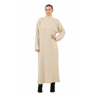 Generic Ladies Knitted Maxi Dress Long Sleeve High Funnel Neck Pullover Jumper - Womens Winter Warm Ribbed Long Dress, Soft Stretchy One Size Fit (UK 8-16) (U
