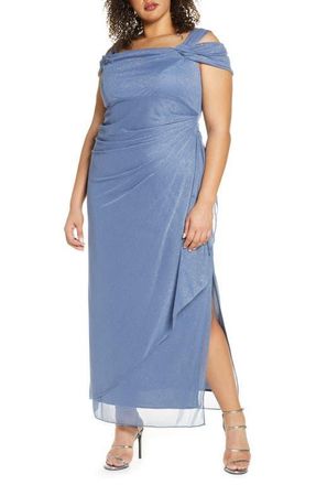 Alex Evenings Cold Shoulder Glitter Column Gown in Dusty Blue at Nordstrom, Size 22W