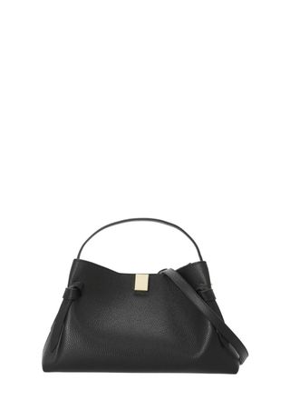 Yuzefi Structured Black Pebbled Leather Shoulder Bag With Golden Accents