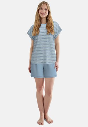 Tom Tailor Shorty TOM TAILOR, Damen, Gr. 36, blau, mittel, allover, Single Jersey, Obermaterial: 95% Baumwolle, 5% Elasthan, bequem extrakurz, Rundhals, gerader 