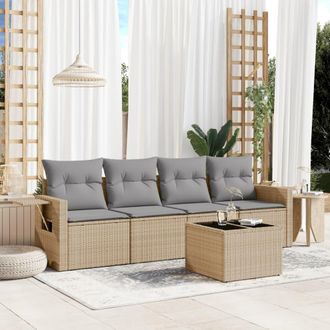 vidaXL Vidaxl - Juego De Sof&aacute;s Jard&iacute;n Con Cojines 5 Pzas Rat&aacute;n Sint&eacute;tico Beige