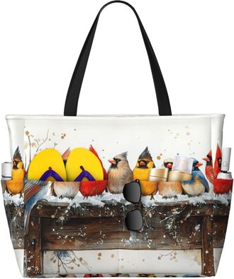 Generic Winter Birds Print Large Beach Bag Foldable Travel Shoulder Tote Bag With Pocket For Weekender Pool Vacation