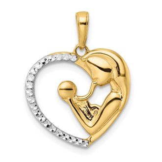 Diamond2Deal 14k Yellow Gold and White Rhodium Diamond-cut Mother and Baby Heart Pendant