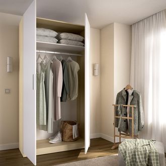 Dmora Armario 2 Puertas Tulot, Ropero Dormitorio Con Perchero, Cajones, Un Estante, 51x204h Cm Blanco