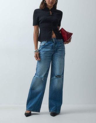 Asos jeans dritti con strappi lavaggio medio-Blu