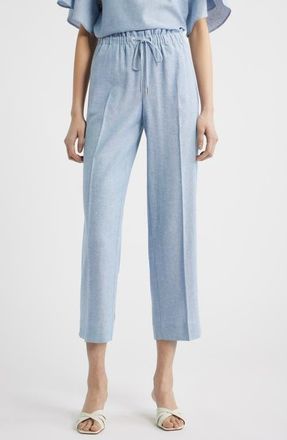 Anne Klein Ankle Straight Leg Linen Blend Drawstring Pants in Lagoon/Crisp White at Nordstrom, Size X-Small