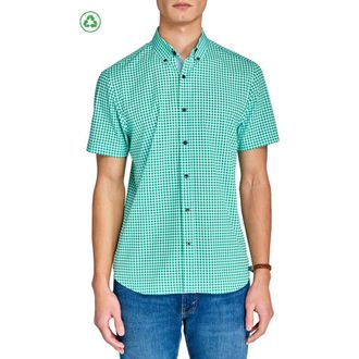 ConStruct Slim Fit Mini Check Recycled 4-Way Stretch Performance Short Sleeve Shirt in Green/white at Nordstrom, Size Large