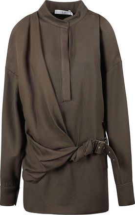 Iro Long-Sleeved Top with High Collar and Wrap Detail