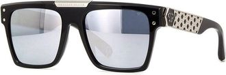 Philipp Plein Philipp Plein Sunglasses Square Full Rim, Shiny Black/silver Frame And Smoke Silver Mirror Lens Spp080700W
