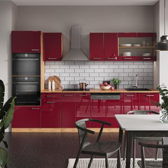 Vicco Mueble De Cocina R-line, Burdeos Brillo Intenso/roble Dorado, 300 Cm Con Armario Alto, Sin Encimera