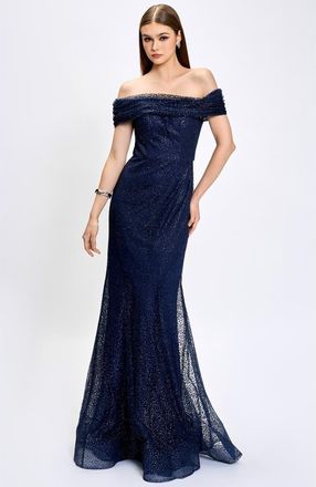 Bariano Alianna Off Shoulder Glitter Gown in Navy at Nordstrom, Size 8