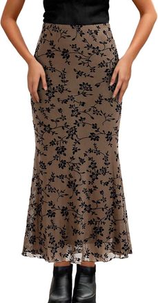 Generic 2025 Women Floral Mesh Bodycon Skirt Low Rise Long Skirts (Brown, XL)