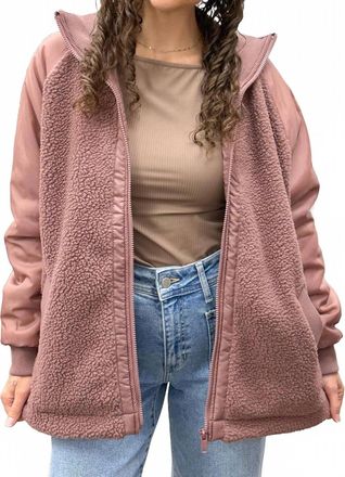 Mono B Sherpa Zip Up Long Bomber Jacket In Dark Mauve