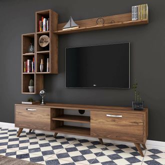 Dmora Parete Modular Gunding, Mueble De Sala Con 9 Estantes, 2 Puertas, Set Componible, Nogal Marr&oacute;n