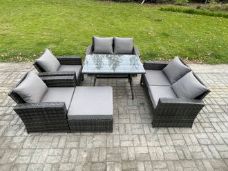 Fimous Rattan Garden Furniture Set 7 Seater Patio Outdoor Lounge Sofa Set with Rectangular Dining Table Love Seat Sofa in Dark Grey