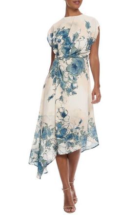 Maggy London Placed Floral Cap Sleeve Asymmetric Hem Midi Dress in Ivory/Blue at Nordstrom, Size 14