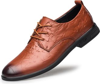 Generic Dress Shoes for Men Lace Up Floral Round Burnished Toe Derby Shoes Leather Non Slip Rubber Sole Slip Resistant Low Top Wedding(Brown Embossing,7.5 UK)