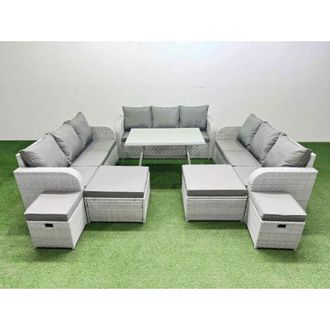 Fimous Patio Garden Furniture Sets with Dining Table 3 Seater Sofa 4 Stool Light Grey - Fimous
