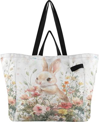 Generic Rabbit Flowers White pattern Reusable Canvas Tote Bag, Heavy Duty Grocery Shopping Bag with Double Handles Large Capacity Hard Bottom Work Groceries T