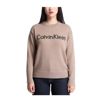 Calvin Klein Contrast Logo Jersey - Dames - Ronde hals truien - Beige - M - Truien & Vesten