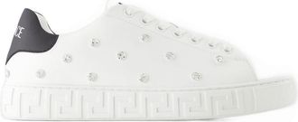Versace Womens Logo-Embellished Calfskin Sneaker White