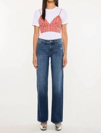 Kancan Mid Rise Wide Leg Jeans In Dark Wash