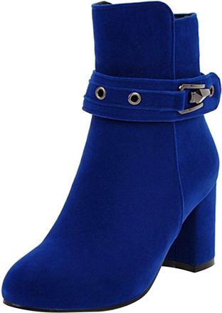 Generic Winter Ladies Fashion Suede Ankle Boots with Belt Buckle Side Zipper Closure and Thick High Heel for Stylish Comfort (Blue, 5. 5)