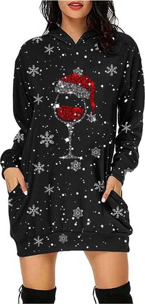 Generic Women Christmas Dress Merry Christmas Letters Snowflakes Wine Glass Xmas Prints Long Sleeve Hooded Loose Sweatshirt Dresses Outfits for Women (XL)