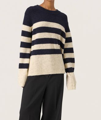 Soaked In Luxury Selta Knitted Striped Pullover In Night Sky/sandshell