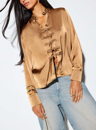 Icone Womens Frog toggle crinkled satin blouse