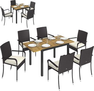 OEM Conjunto De Mesa Y Sillas Jard&iacute;n De Rat&aacute;n 7 Piezas Con Mesa Extensible Con Tablero Madera Y 6 Sillas Apilables Cojines