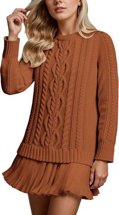 Generic Womens Jumper Dress with Lace Skirt Knitted Sweater Dress Cable Knit Elegant Autumn Comfortable Warm Wool Jumper Round Neck Pleated Patchwork Dress Tu