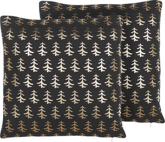 Beliani Beliani - Conjunto De 2 Cojines De Algod&oacute;n Negro Patr&oacute;n De &Aacute;rboles De Navidad Dorado 45 X 45 Cm Relleno Leroy