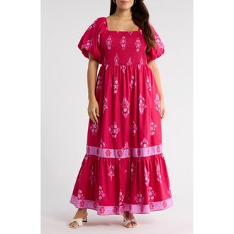 Sugarlips Mercer Floral Print Smocked Maxi Dress in Berry at Nordstrom, Size 3X