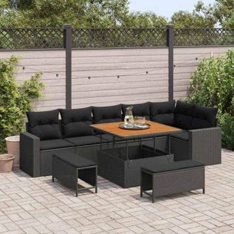 vidaXL Vidaxl - Conjunto De Sof&aacute; De Jard&iacute;n 9 Pcs Negro Rat&aacute;n Sint&eacute;tico