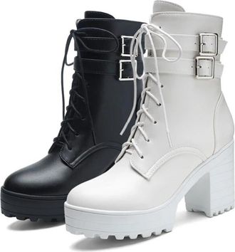 Generic Womens Motorcycle Ankle Boots Round Toe High Block Heel With Platform Lace Up Front And Decorative Buckles