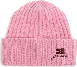 Ganni Berretto a coste con ricamo - Rosa