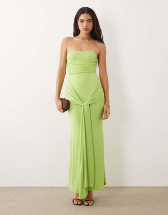 Tfnc Vestito lungo a fascia sinuoso color lime arricciato e con nodo sul davanti-Verde