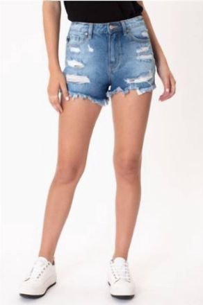 Kancan Pastel Thread Distressed Denim Shorts In Medium Wash