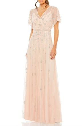 Mac Duggal V Neck Embellished Flutter Sleeve A Line Gown in Rose at Nordstrom, Size 18