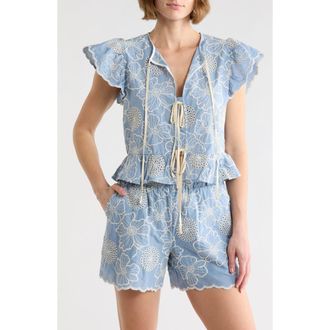 Elie Tahari Embroidered Tie Front Top in Chambray/Ivory at Nordstrom Rack, Size X-Small