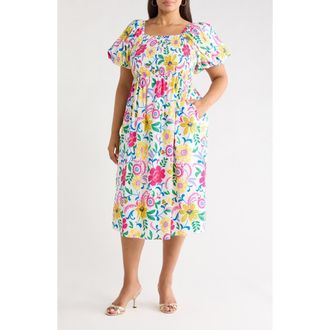 Sugarlips Kress Floral Print Smocked Midi Dress in White Multi at Nordstrom, Size 1X