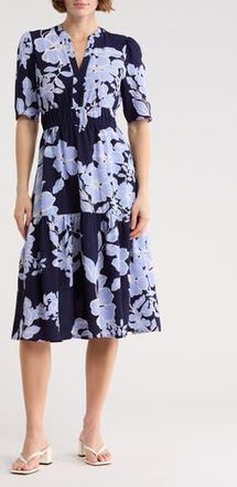 Eliza J Floral Short Sleeve Fit & Flare Midi Dress in Navy at Nordstrom Rack, Size 12