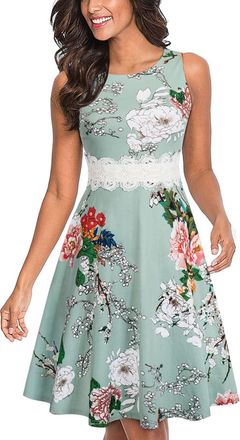 Homeyee Womens Vintage Crew Neck Sleeveless Floral Embroidered Knee Length Cocktail Dress UKA079 (XXL, Light Green + Floral)